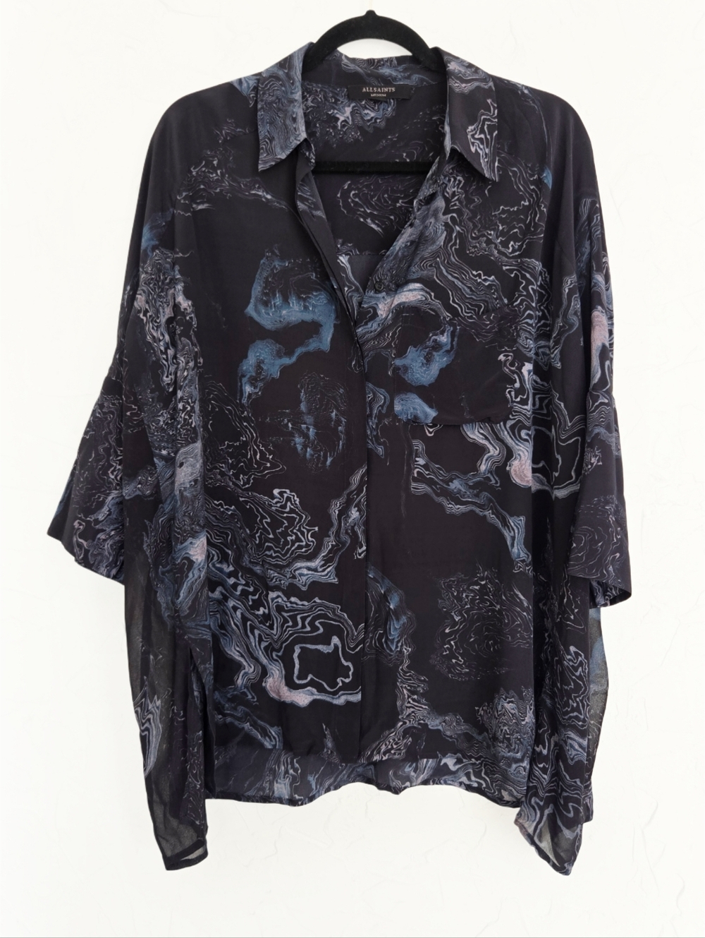 ALL SAINTS Marble Dyed Oversized Black Blue Top, M